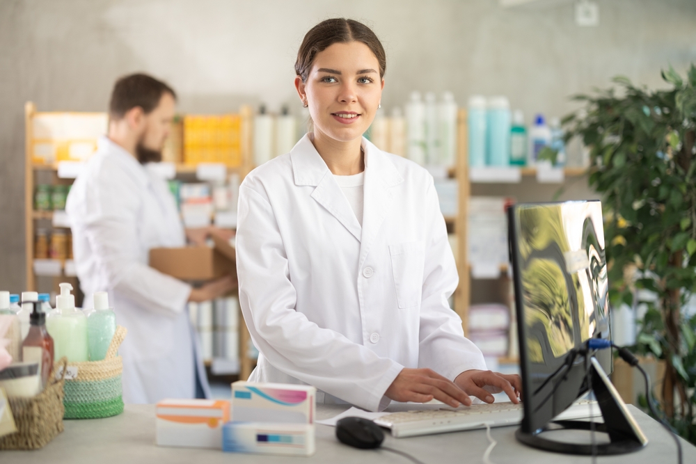 Calgary pharmacy dispensary counter with prescription labels printing through laser printer