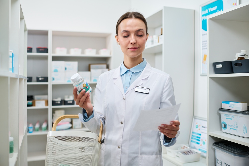 Prescription bottle labels printed by AllLabels for Canadian pharmacy dispensary counter